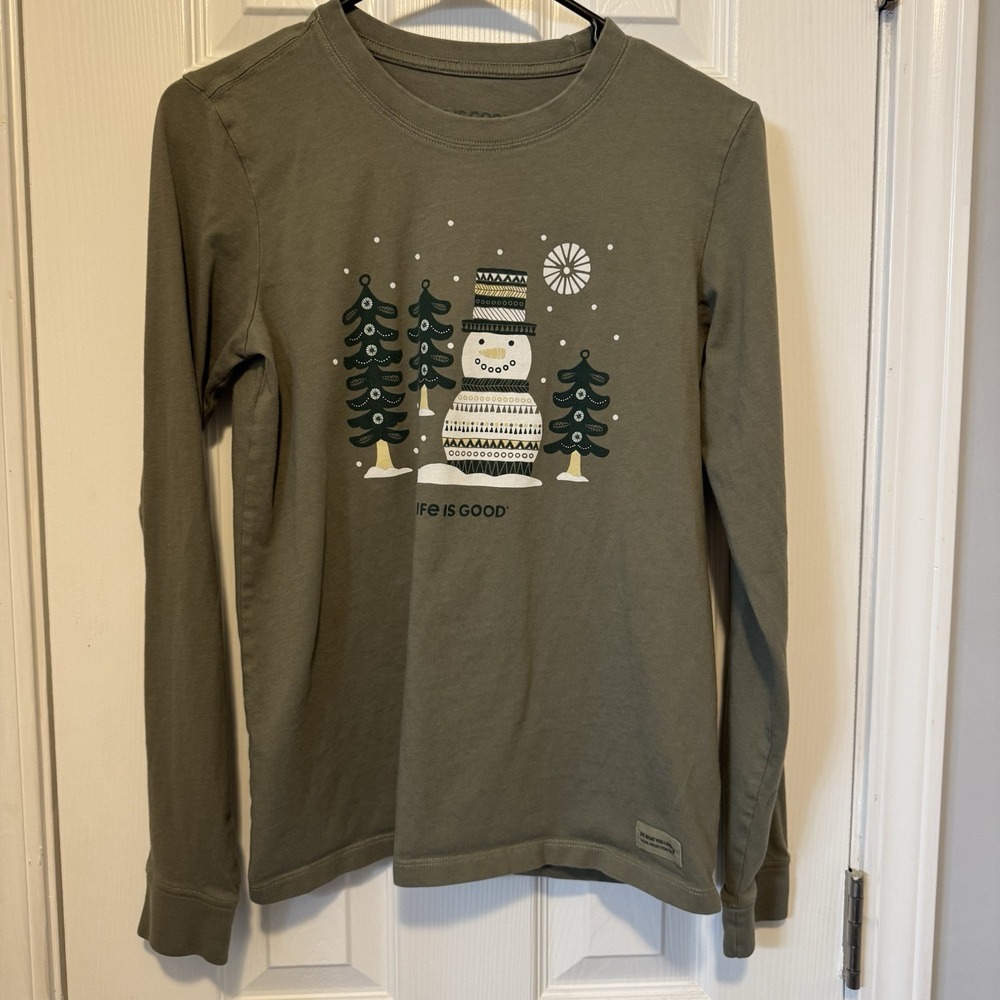 LIFE IS‎ GOOD green cotton long sleeve "SNOWMAN" Tshirt womens Small